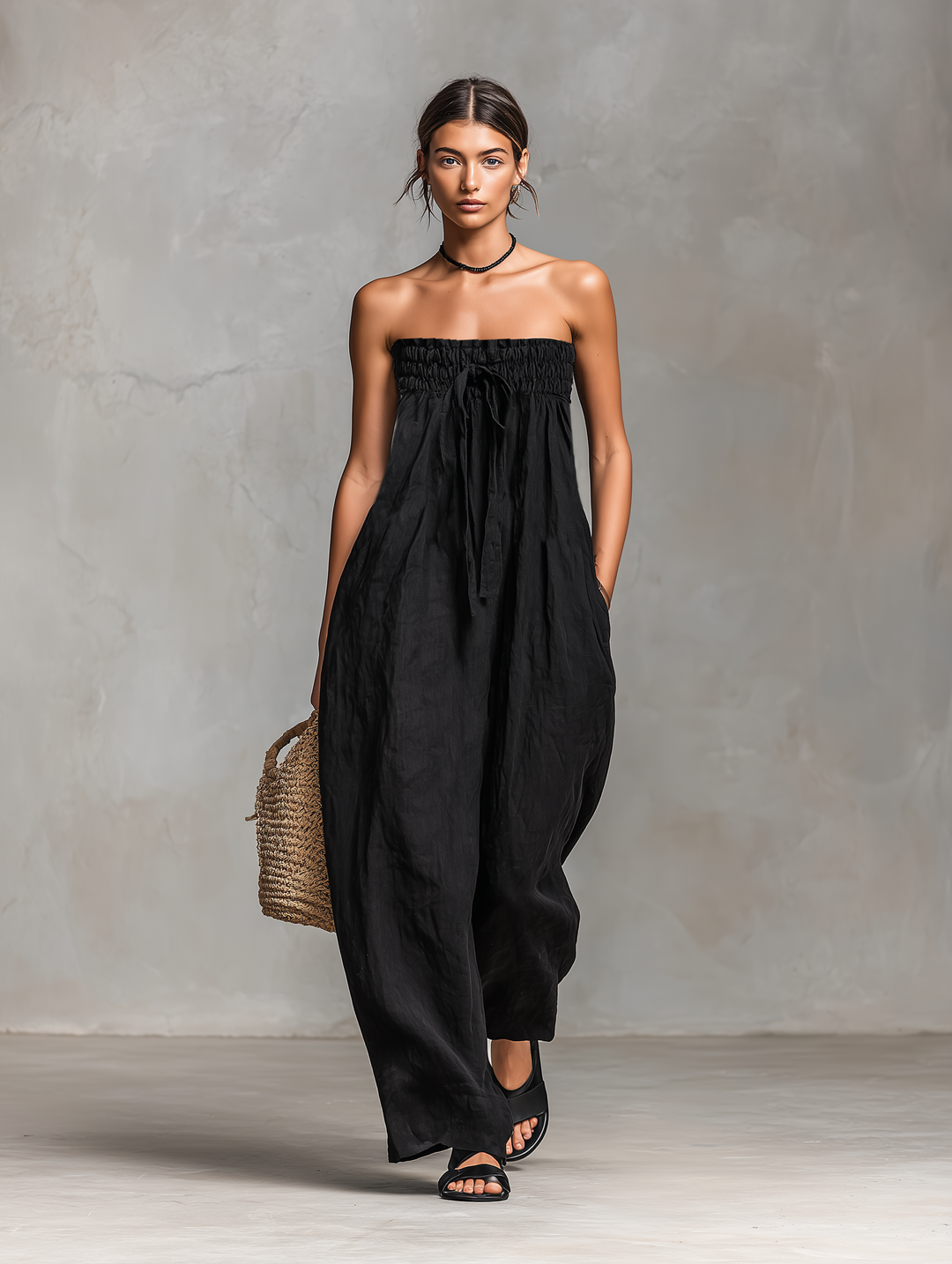 Susan - Women's Minimalist Linen Blend Strapless Jumpsuit with Tie Closure