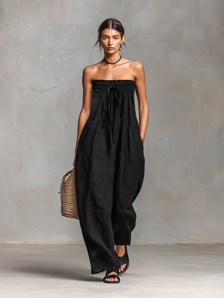 Susan - Women's Minimalist Linen Blend Strapless Jumpsuit with Tie Closure