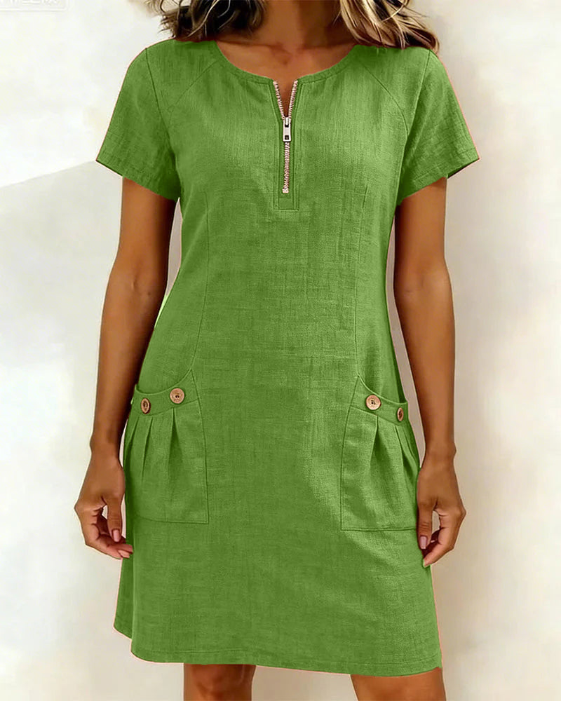 Susan | Cotton Linen Dress with Half-Zip