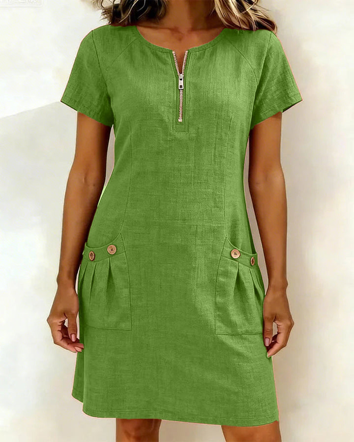 Susan | Cotton Linen Dress with Half-Zip