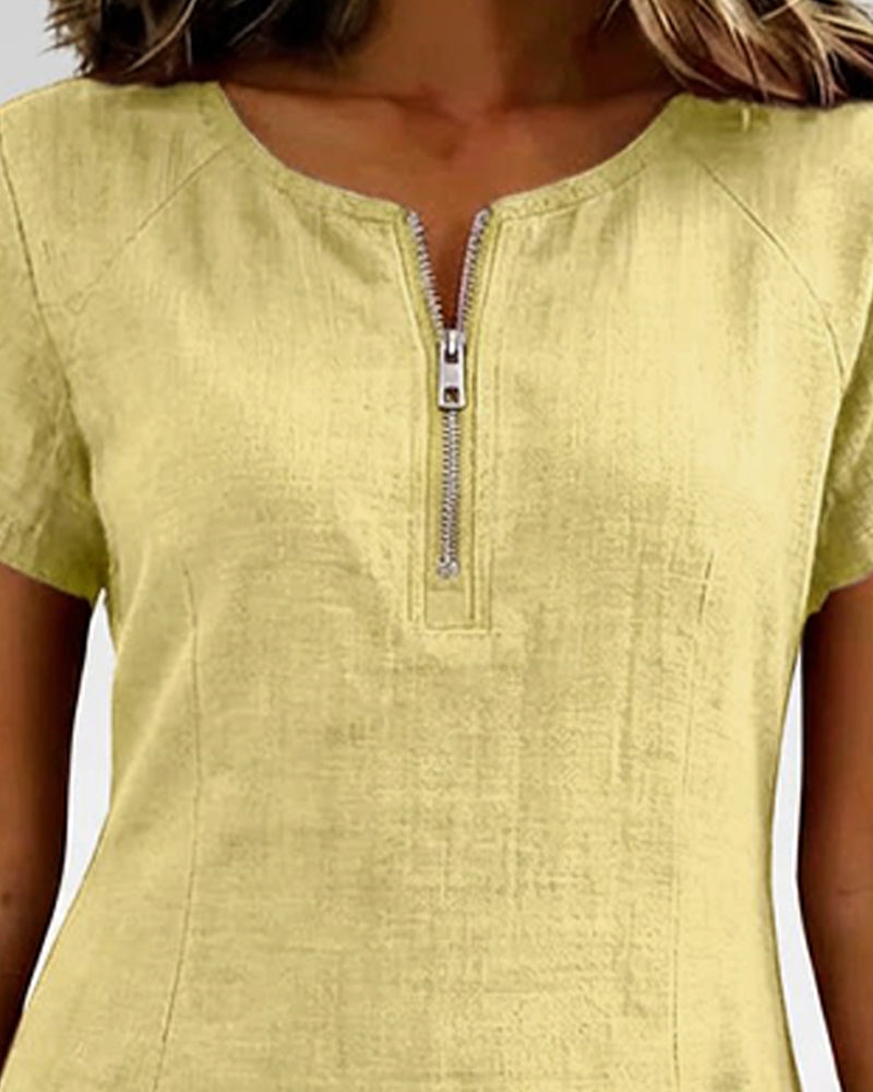 Susan | Cotton Linen Dress with Half-Zip
