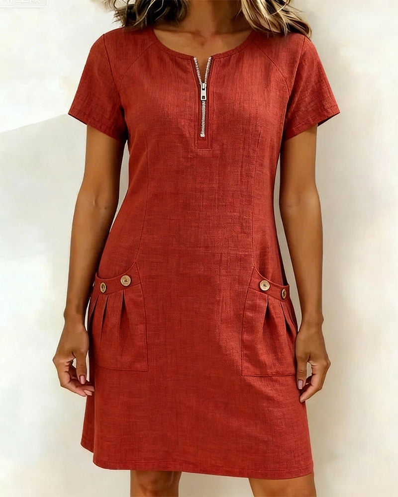 Susan | Cotton Linen Dress with Half-Zip