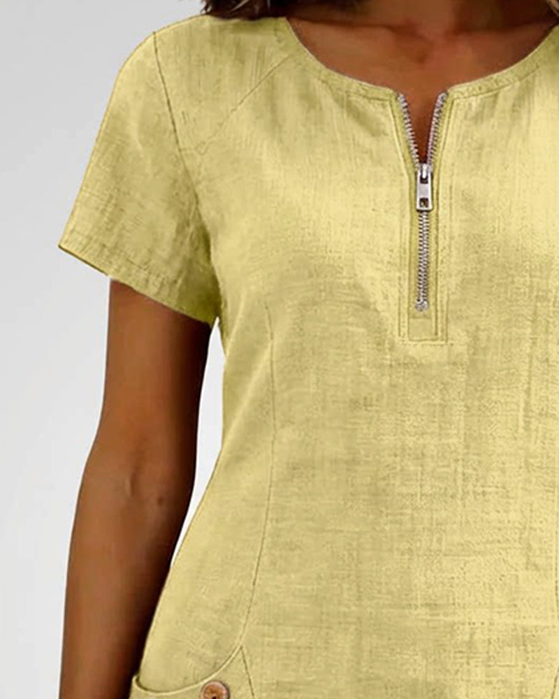 Susan | Cotton Linen Dress with Half-Zip