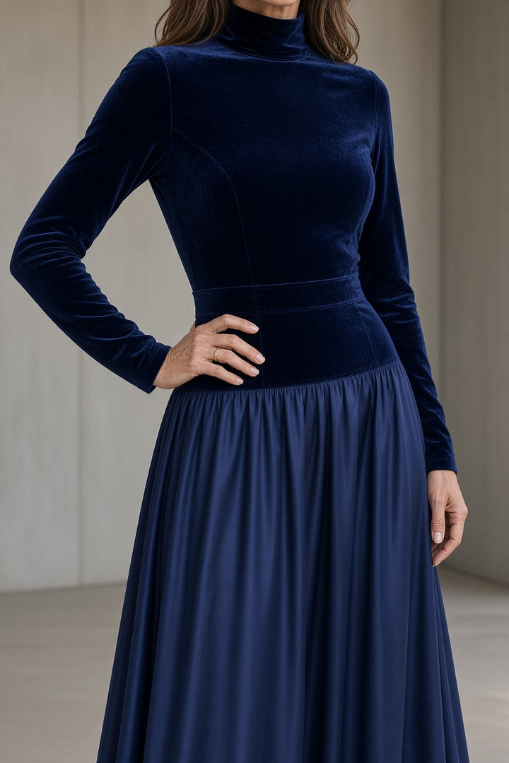 Vivien | High-Neck Velvet Dress with Flowing Maxi Skirt