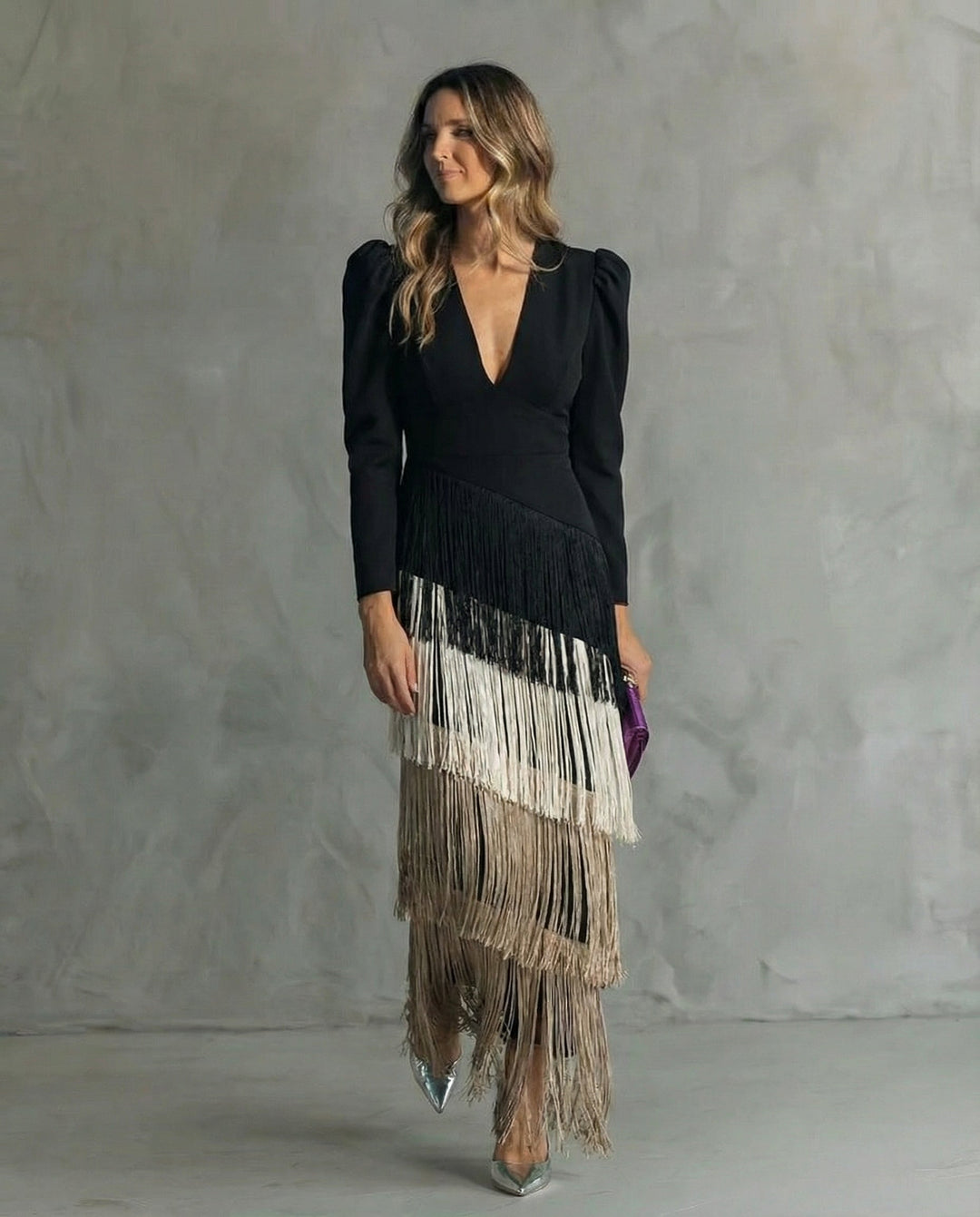 Clara - Elegant midi dress with fringe sleeves