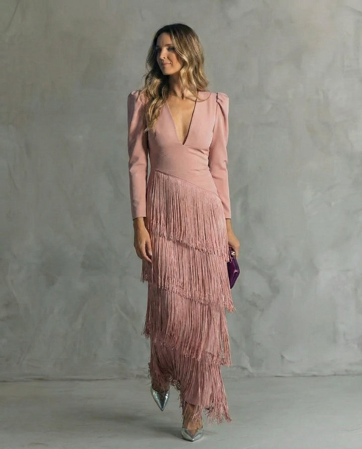 Clara - Elegant midi dress with fringe sleeves