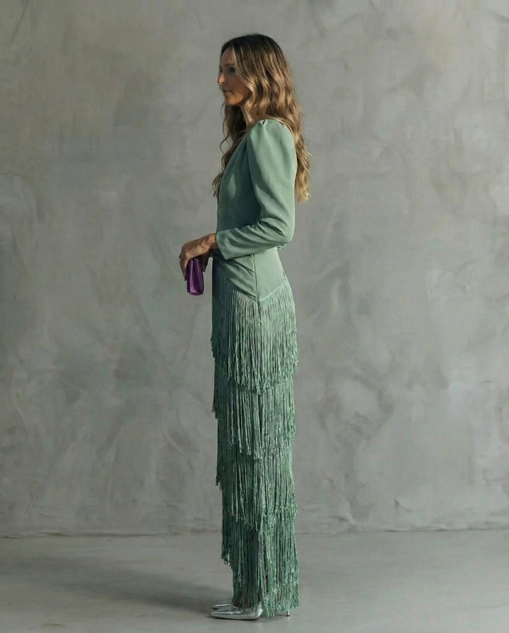 Clara - Elegant midi dress with fringe sleeves