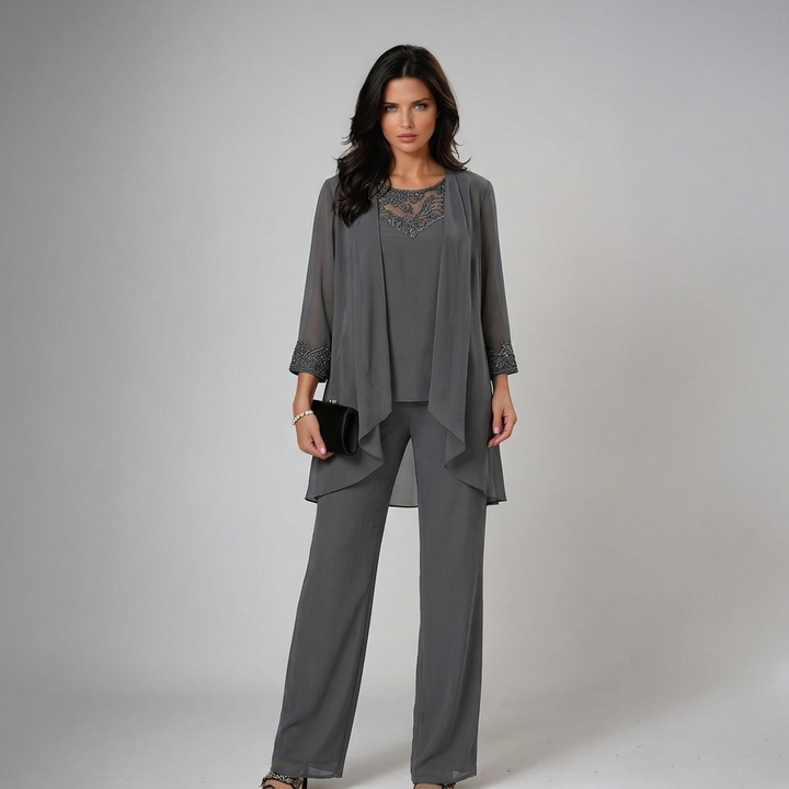 Iva | Beaded Chiffon Wide-Leg Three-Piece Set for Women