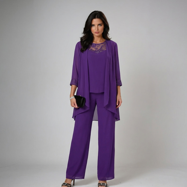 Iva | Beaded Chiffon Wide-Leg Three-Piece Set for Women