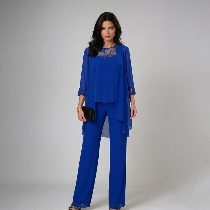 Iva | Beaded Chiffon Wide-Leg Three-Piece Set for Women