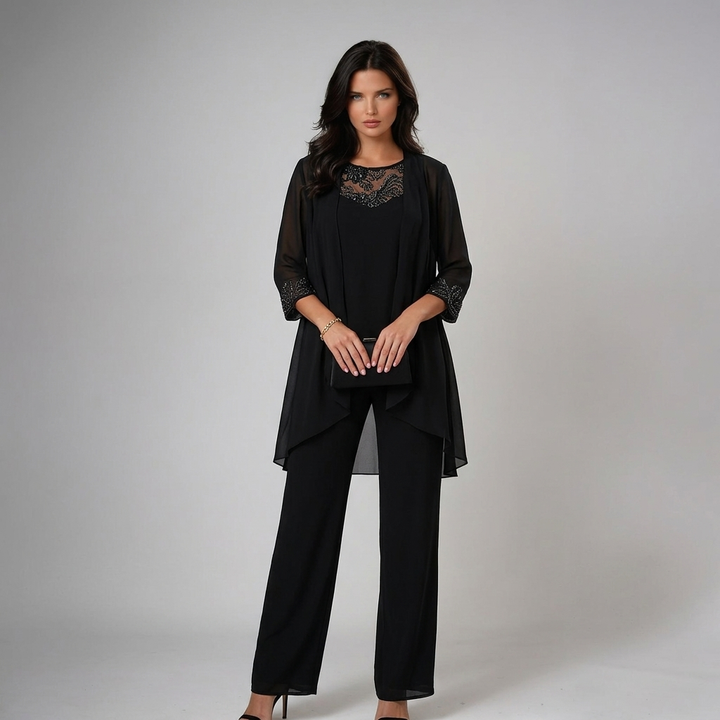 Iva | Beaded Chiffon Wide-Leg Three-Piece Set for Women
