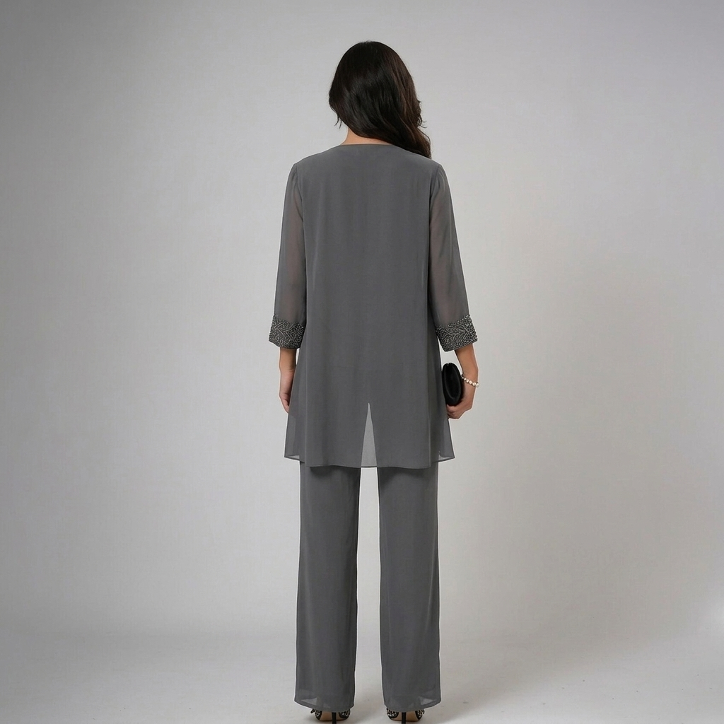 Iva | Beaded Chiffon Wide-Leg Three-Piece Set for Women