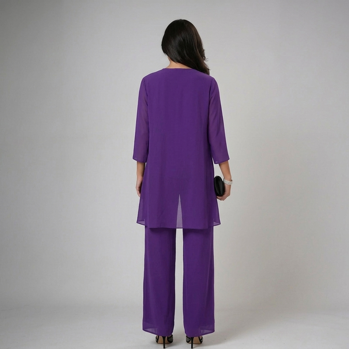 Iva | Beaded Chiffon Wide-Leg Three-Piece Set for Women