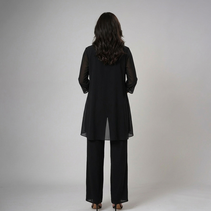 Iva | Beaded Chiffon Wide-Leg Three-Piece Set for Women