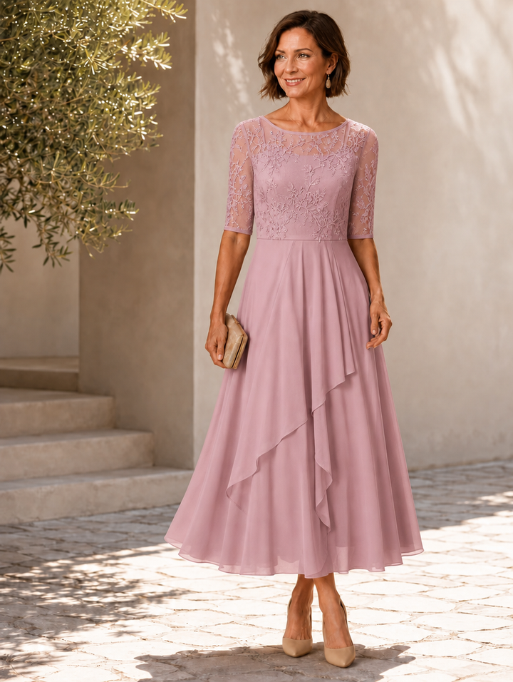 Rosa | Lace midi dress with layered chiffon skirt