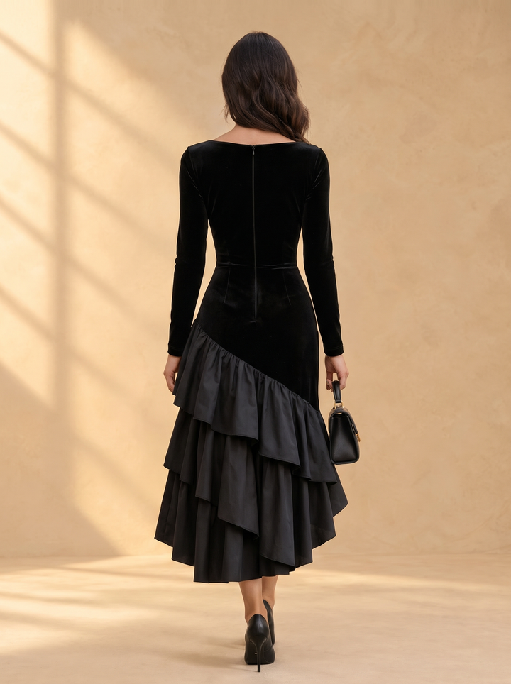 Harriet black ruffle midi dress