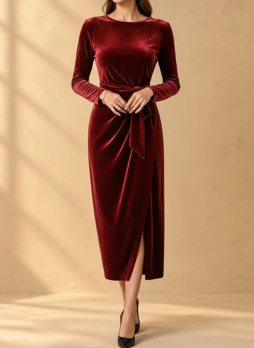 Yvonne velvet tie-waist midi dress