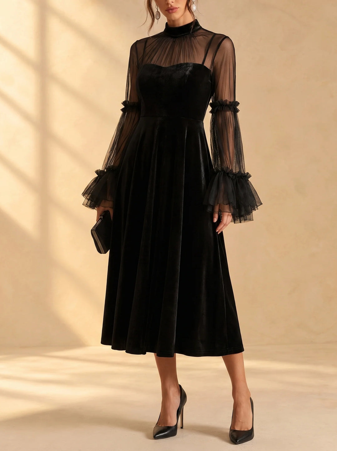 Paulette black midi dress with ruffle sleeves