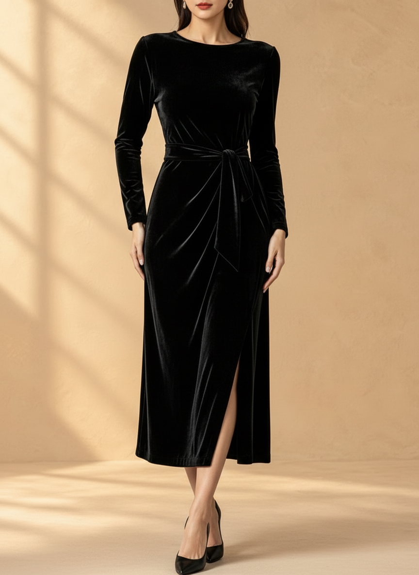Yvonne velvet tie-waist midi dress
