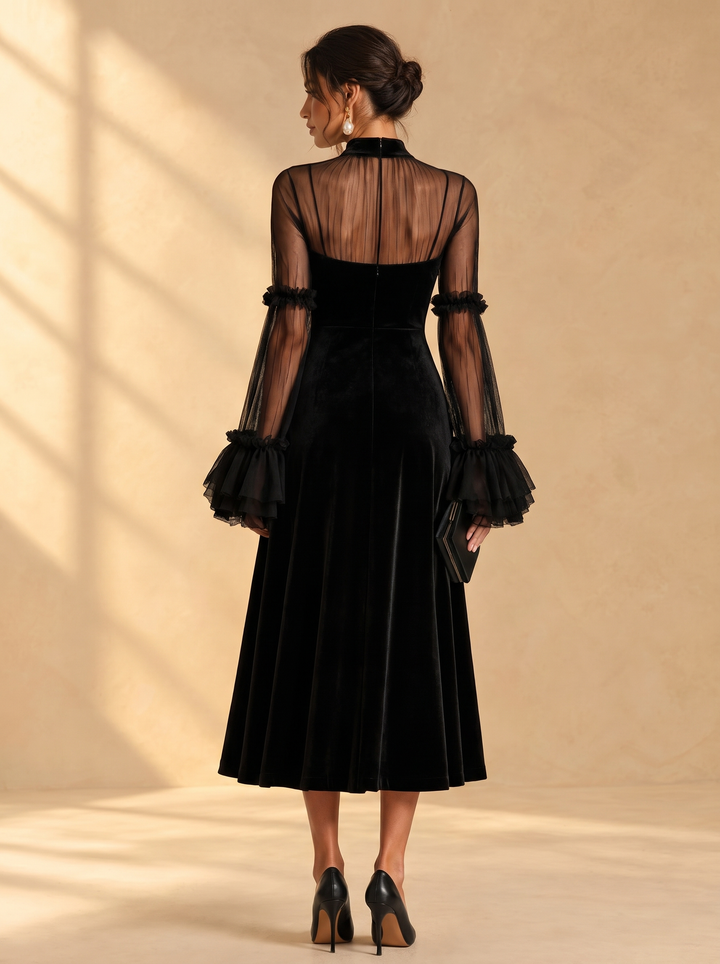 Paulette black midi dress with ruffle sleeves