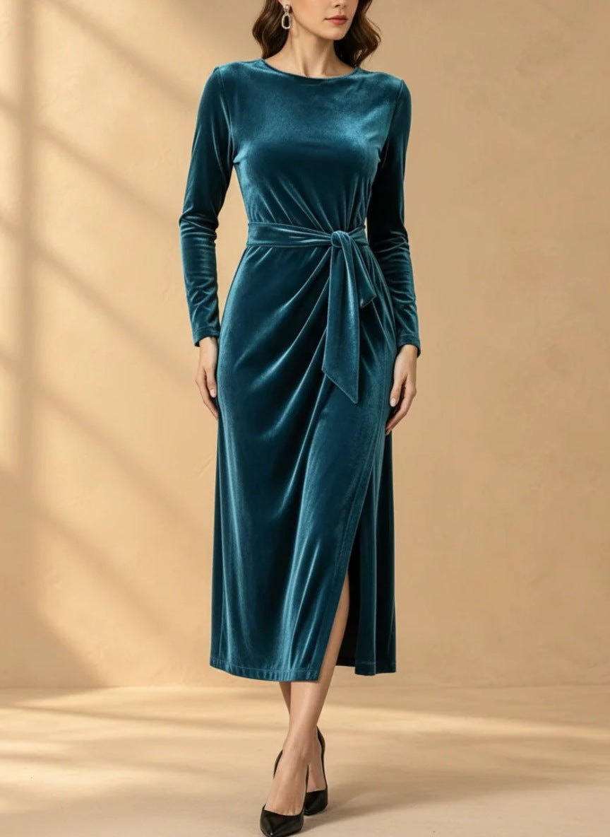 Yvonne velvet tie-waist midi dress