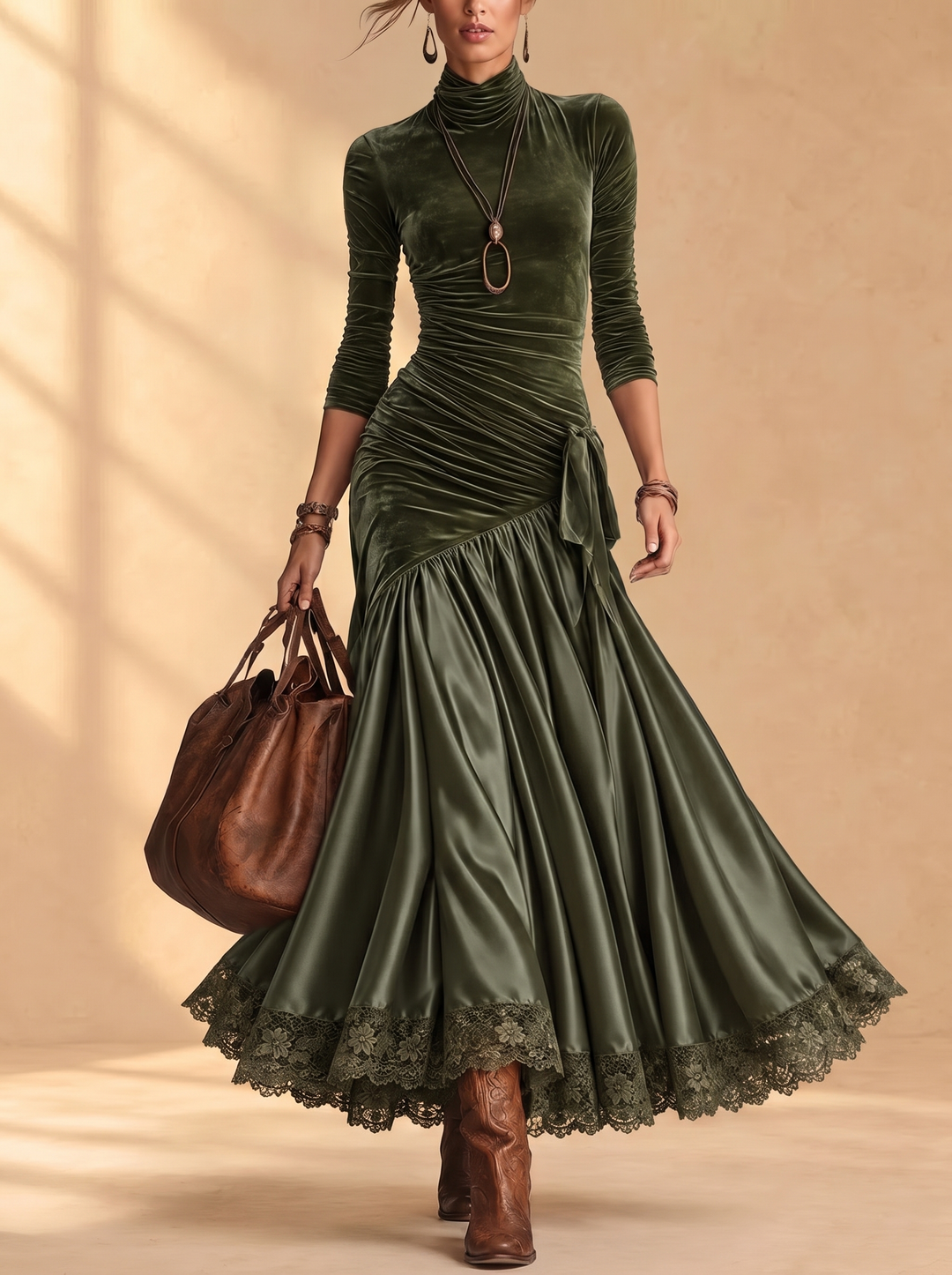 Odette olive green velvet ruched maxi dress with lace hem