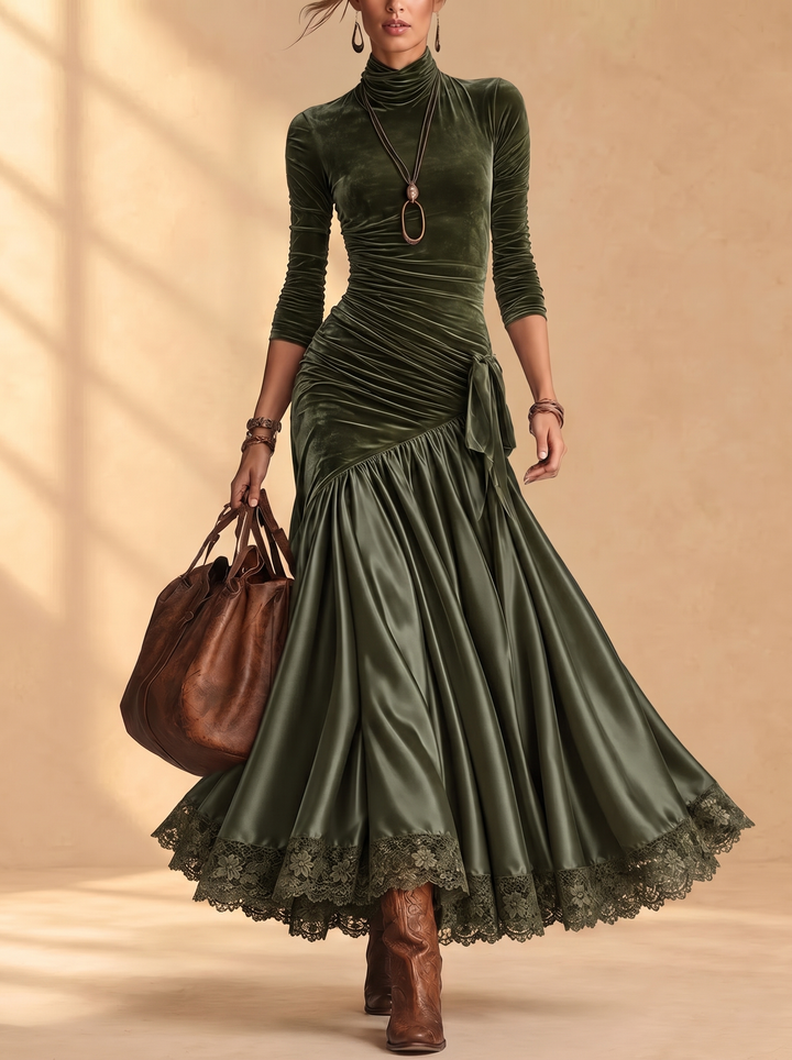 Odette olive green velvet ruched maxi dress with lace hem