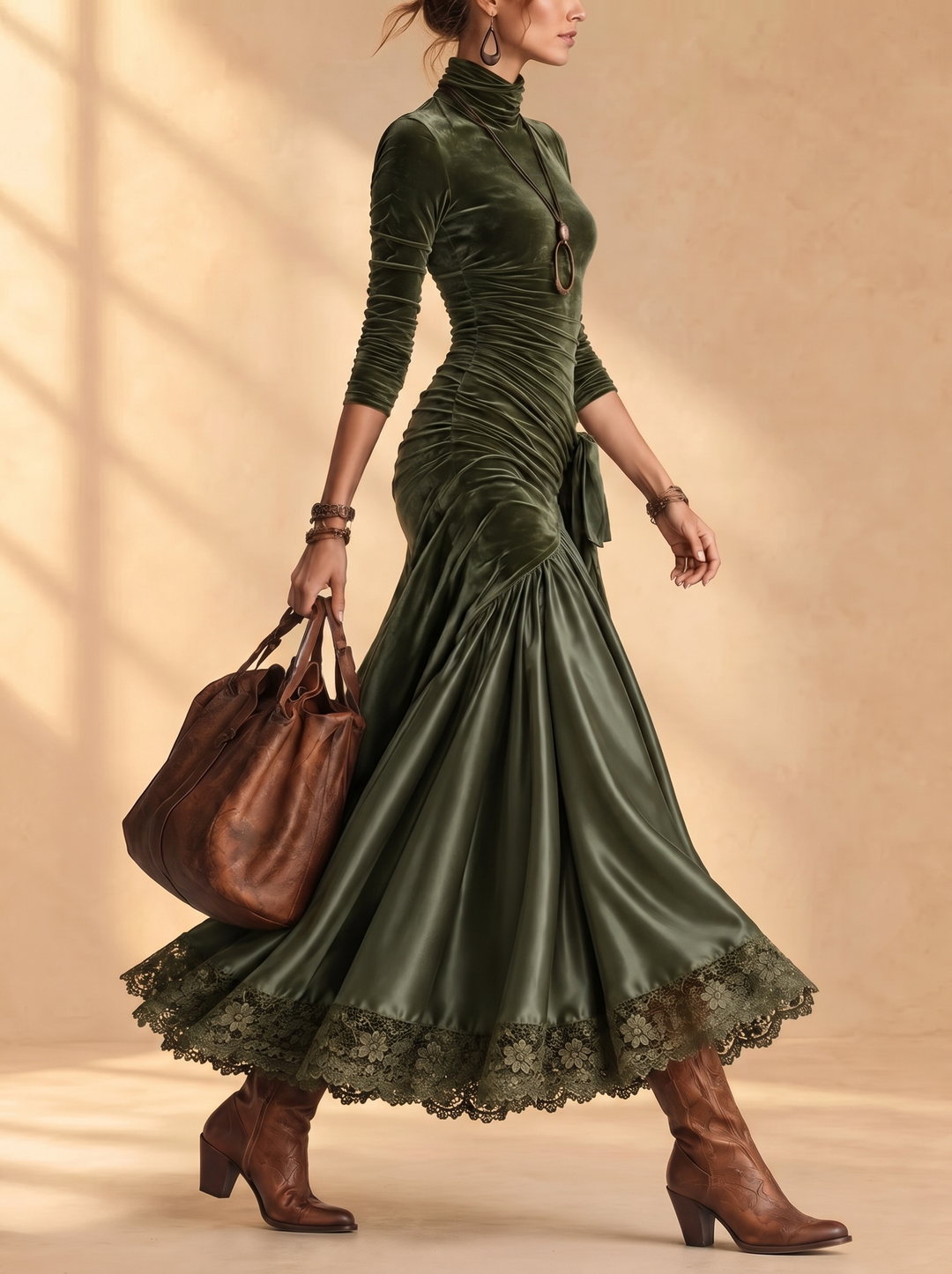 Odette olive green velvet ruched maxi dress with lace hem, side view