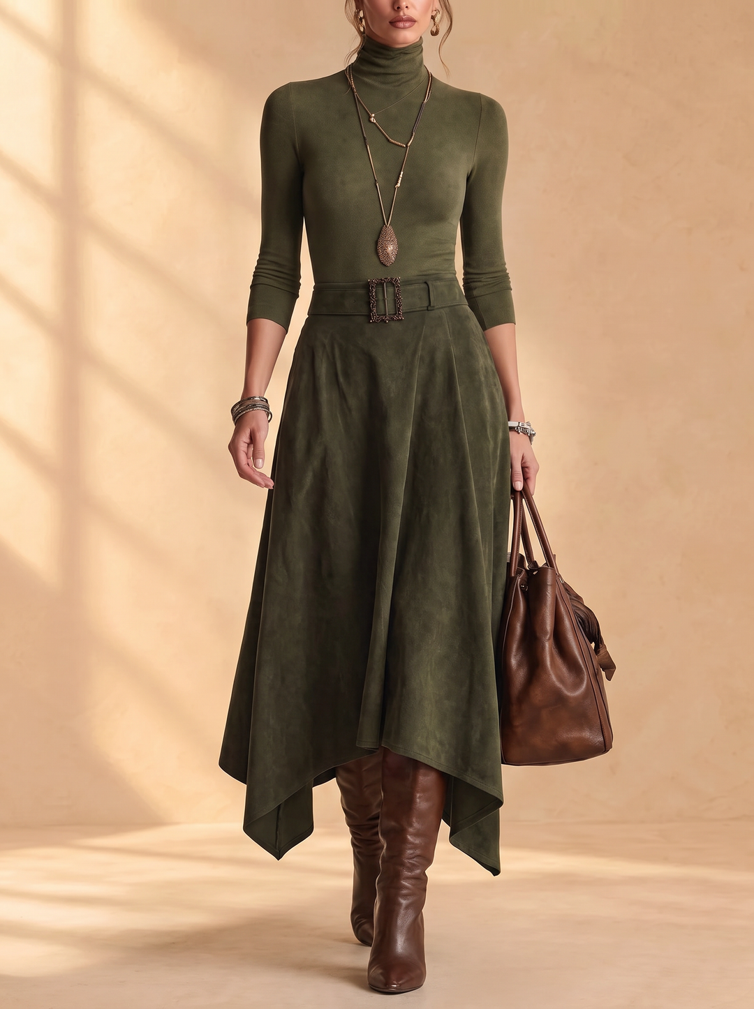 Josephine olive green turtleneck and suede asymmetrical skirt set with belt