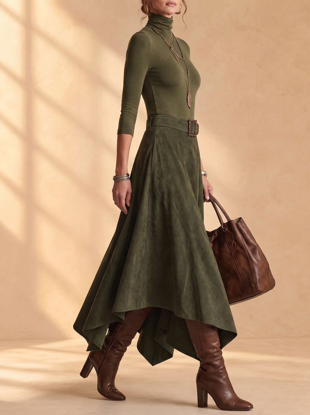Josephine olive green turtleneck and suede asymmetrical skirt set with belt, side view