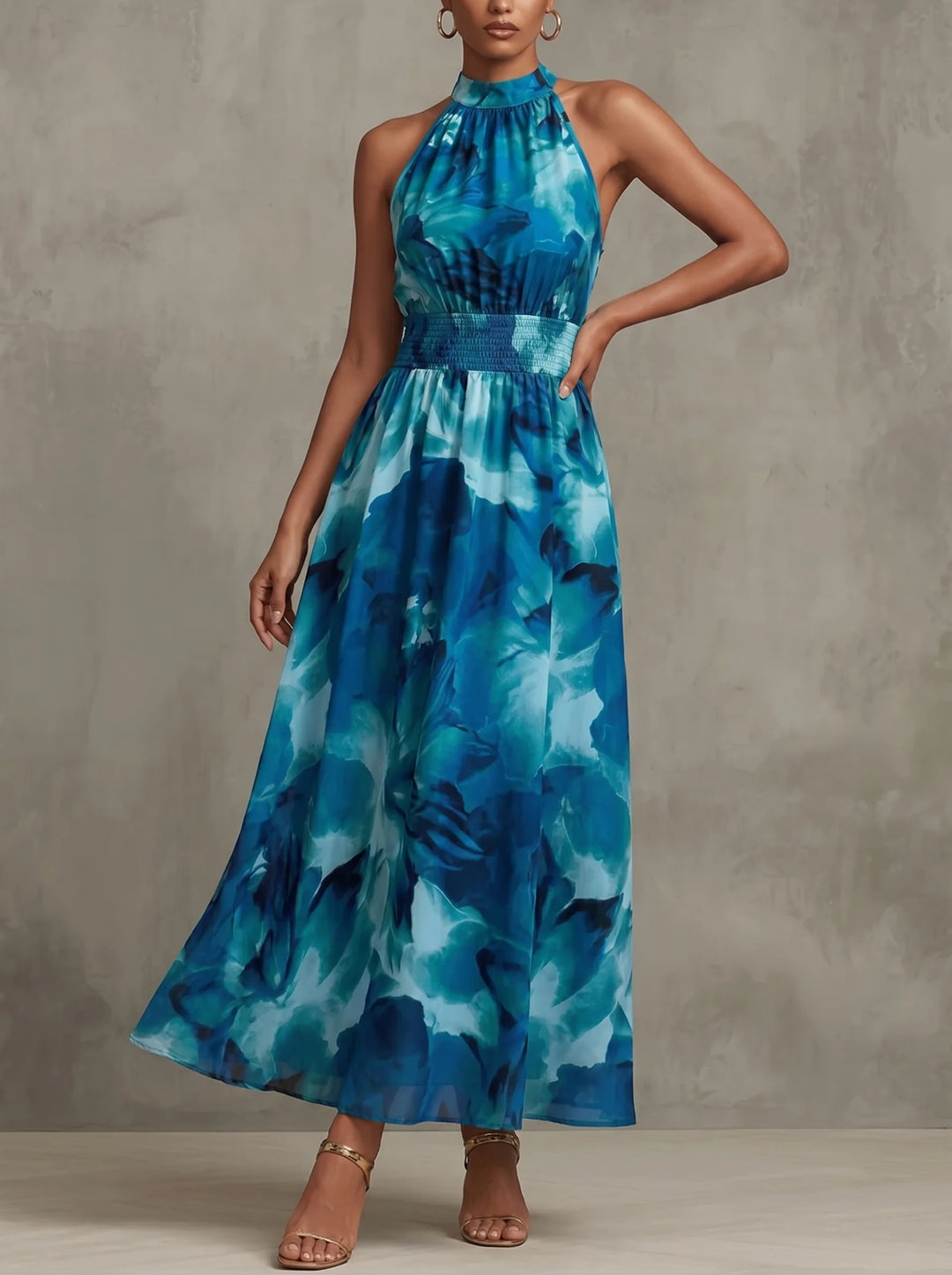 Brenda - Slim Halter Neck Printed Maxi Dress