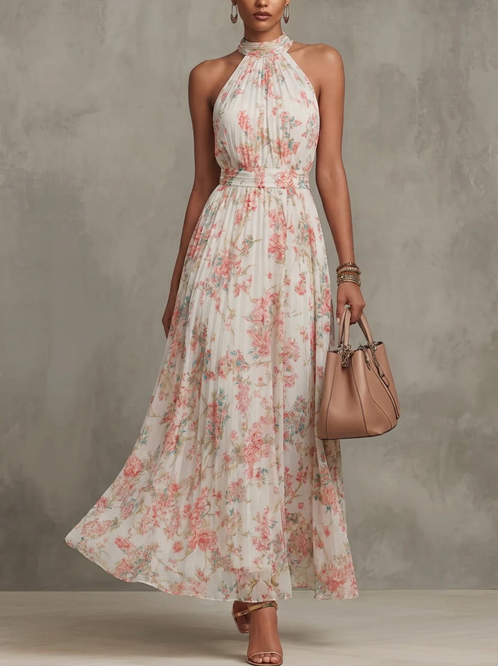 Camille - Pleated Floral Chiffon Halter Maxi Dress