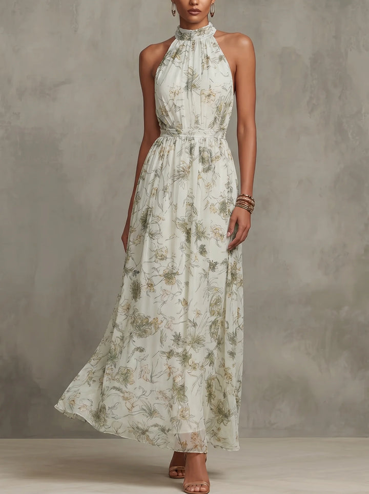 Janet - Floral Pleated Chiffon Halter Dress