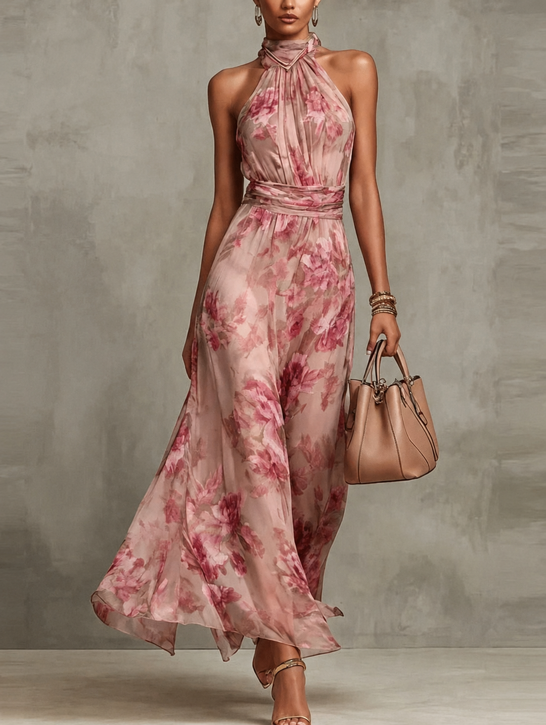 Lynn - Green Floral Chiffon Halter Maxi Dress