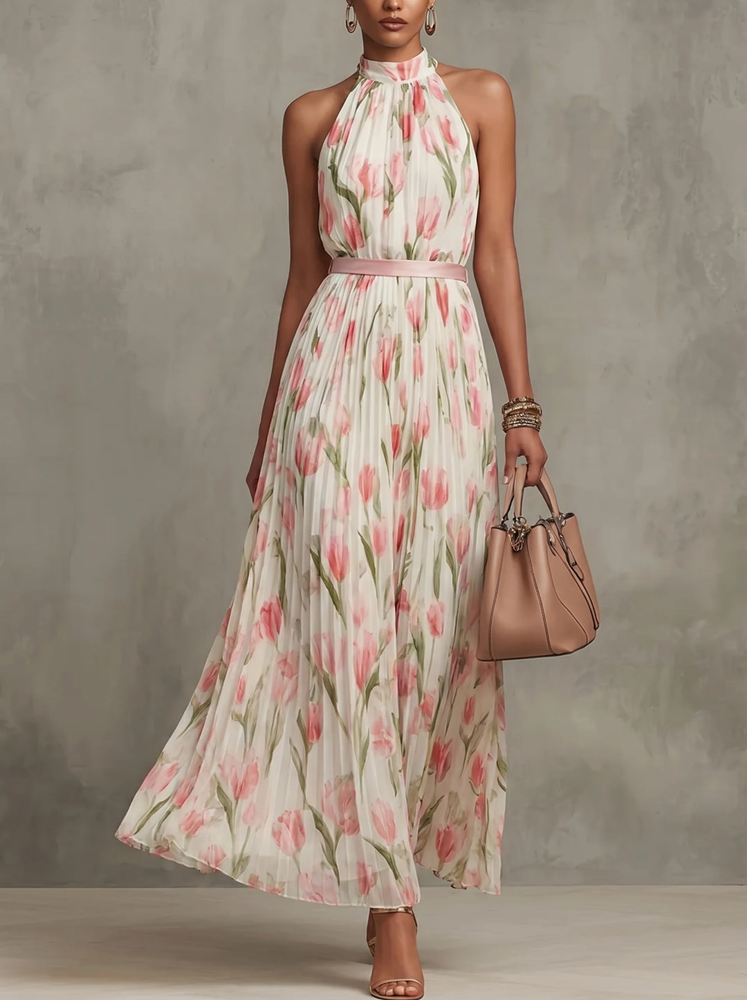 Sandra - Spring Floral Pleated Halter Maxi Dress