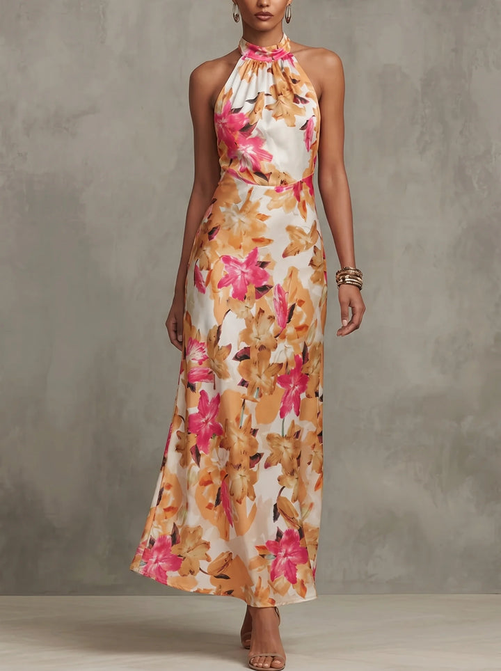 Chantal - Floral Halter Backless Lace-Up Dress