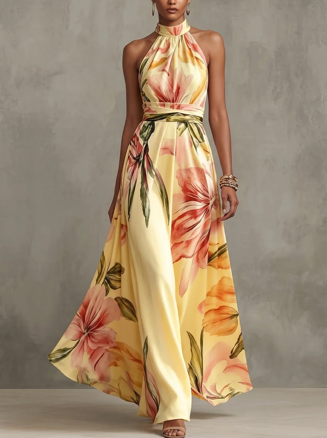 Karen - Bohemian Floral Swing Halter Maxi Dress