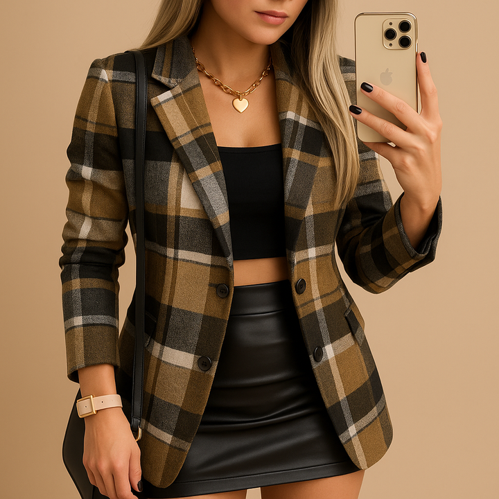 Rive | Long Padded Coat for Women with Check Pattern