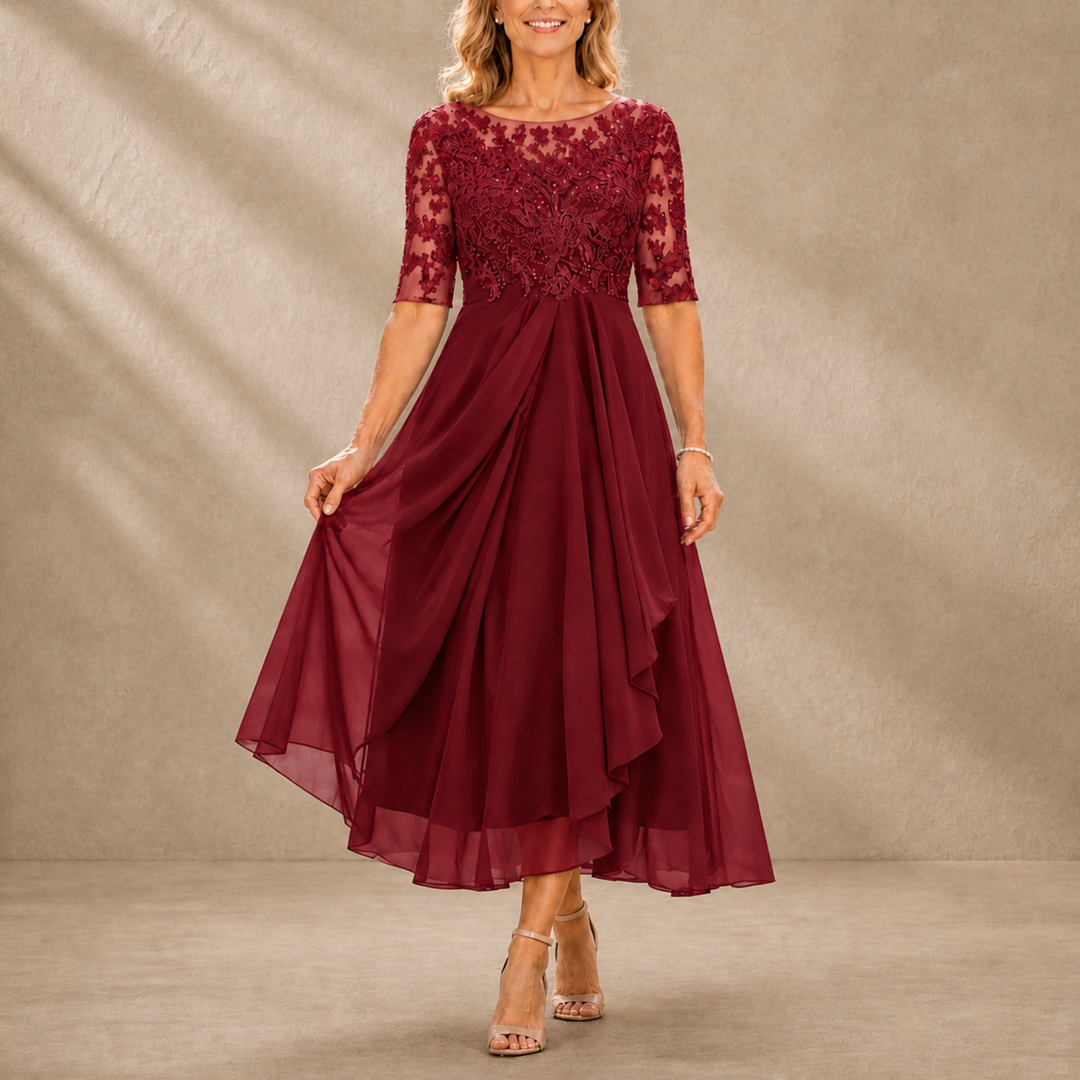 Mabel Lace Bodice Draped Midi Dress - Burgundy