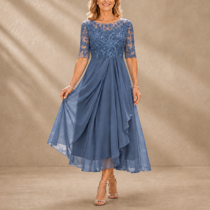 Mariah Lace Bodice Draped Midi Dress - Dusty Blue
