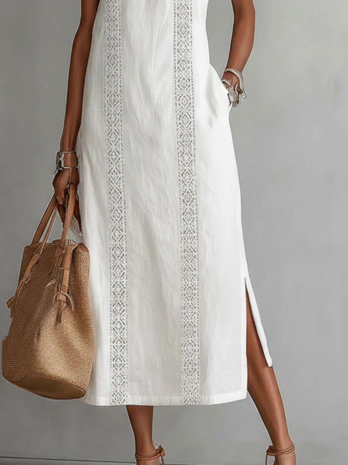 Celine - Sleeveless Lace Detail Midi Dress