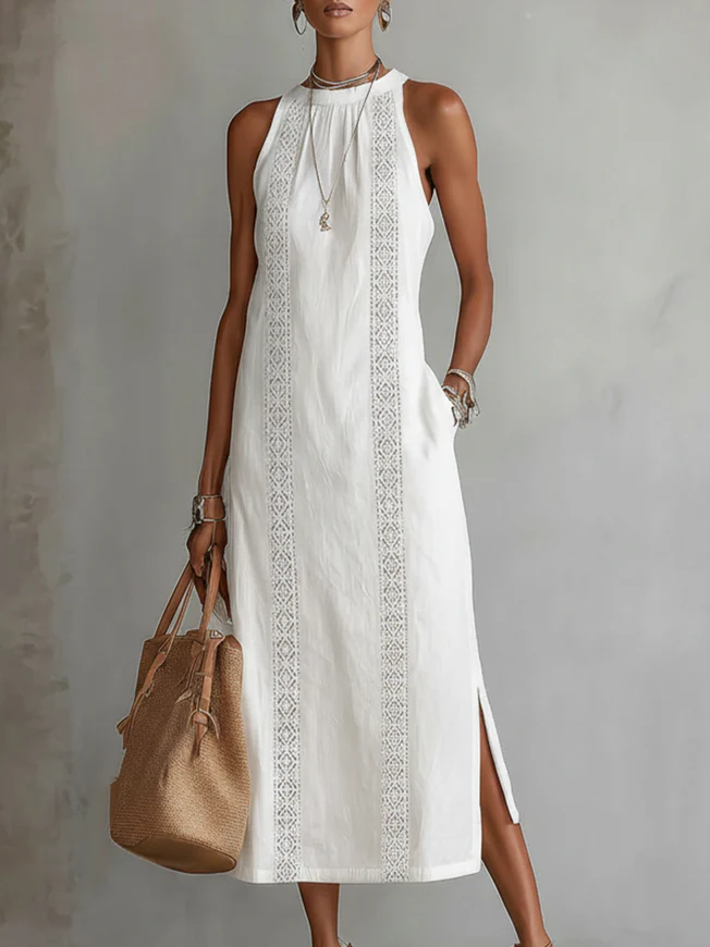Celine - Sleeveless Lace Detail Midi Dress