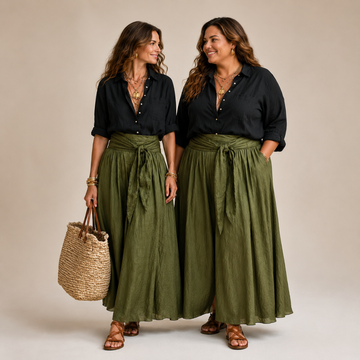 Vera | Two-Piece Set: Black Blouse and Olive Green Midi Skirt