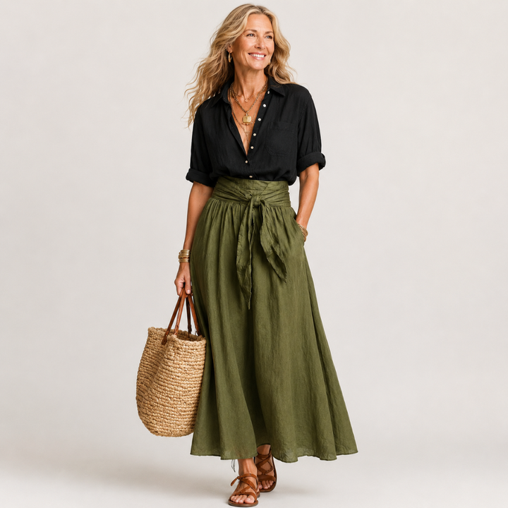 Vera | Two-Piece Set: Black Blouse and Olive Green Midi Skirt