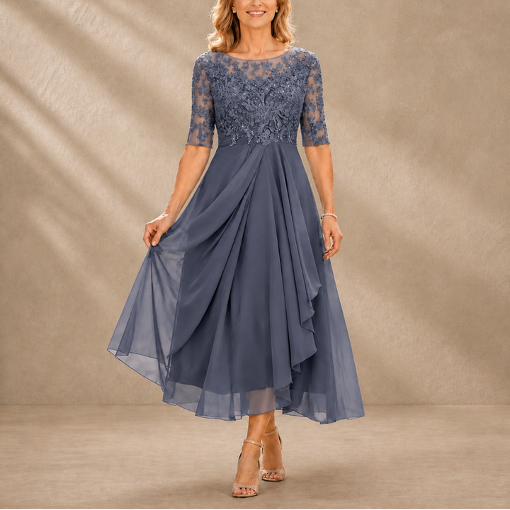 Sophia Lace Bodice Draped Midi Dress - Blue Gray